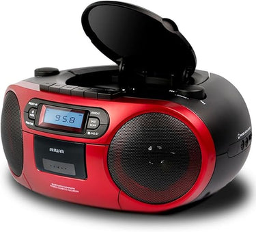 Aiwa BBTC-550RD - Radio Cassette Portátil con CD, Bluetooth y USB, Grabador de Cassettes. Color: Rojo